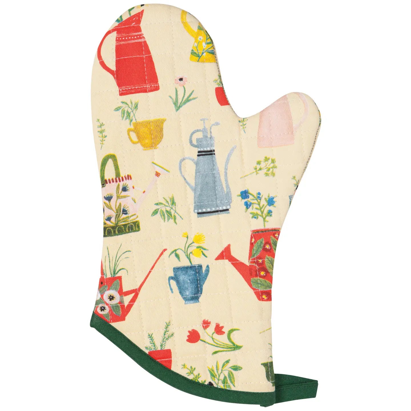 Oven mitt with gardening-themed pattern on a white background