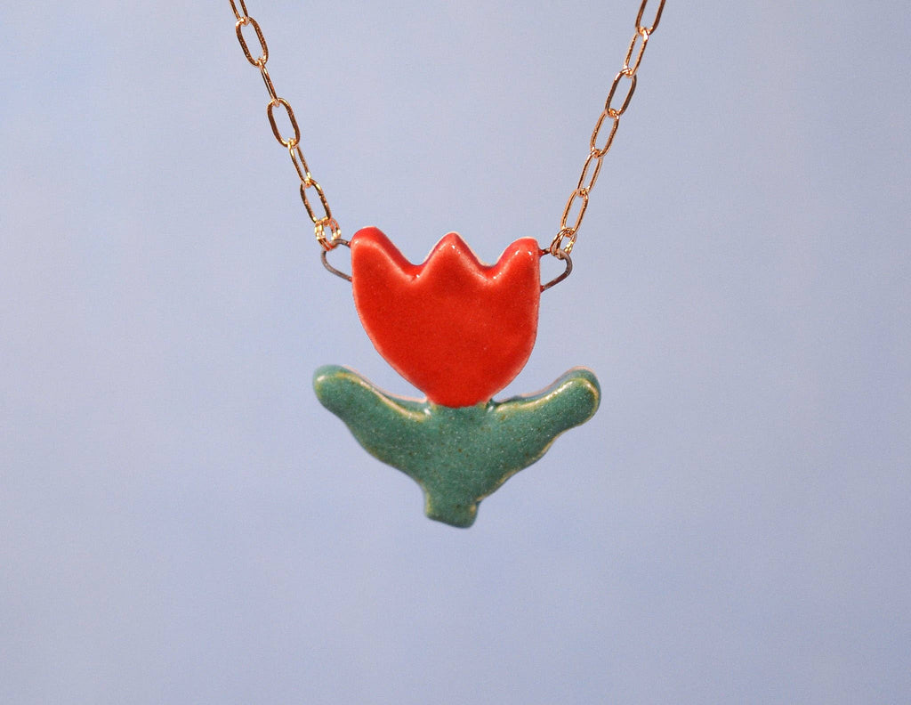 Red Tulip Ceramic Charm Pendant Necklace