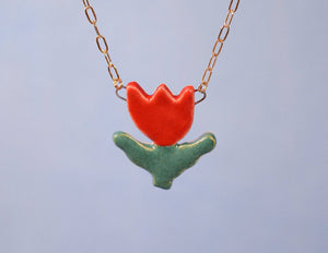Red Tulip Ceramic Charm Pendant Necklace