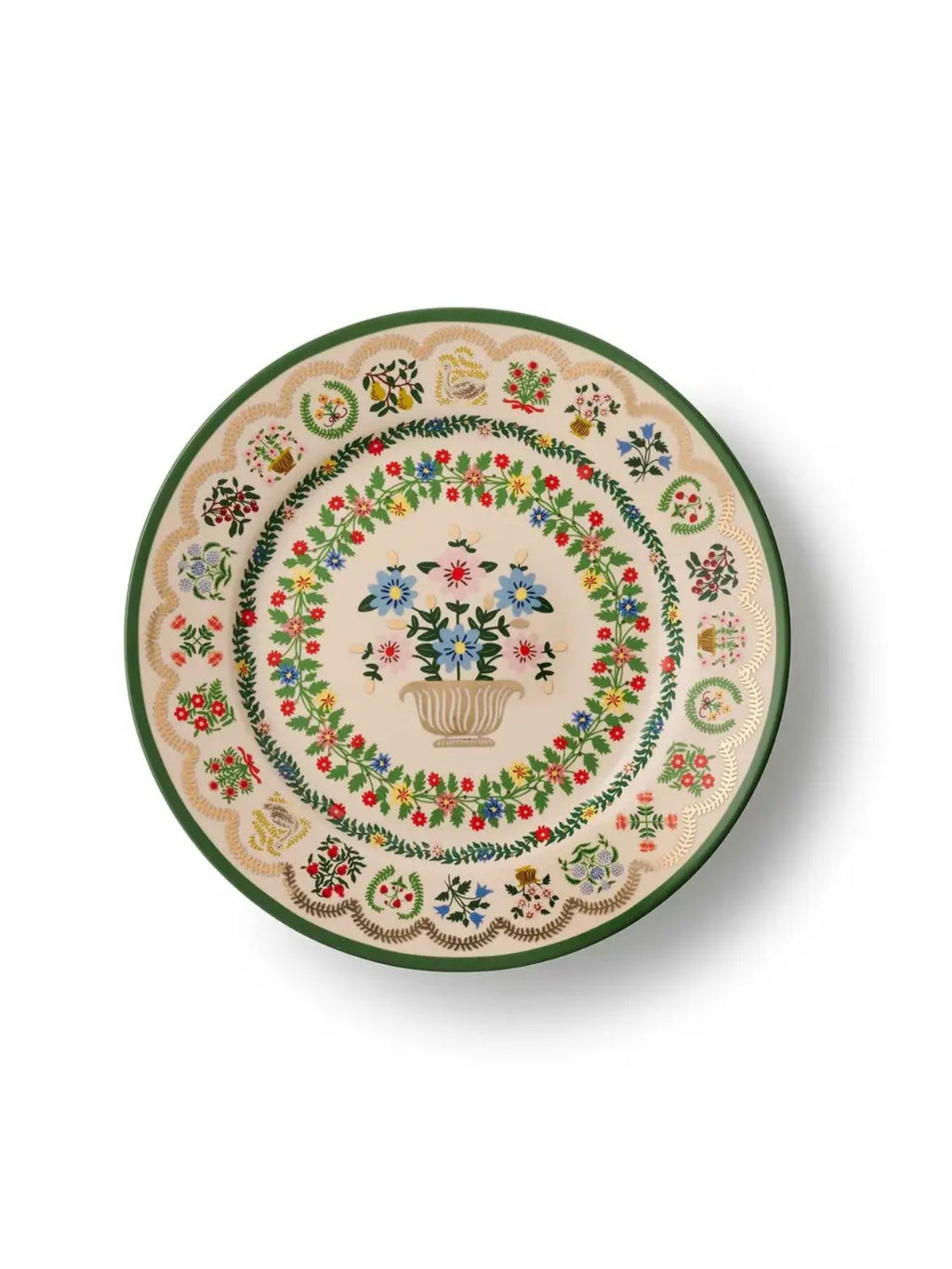 Decorative ceramic plate with floral and geometric patterns on a white background