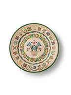 Decorative ceramic plate with floral and geometric patterns on a white background