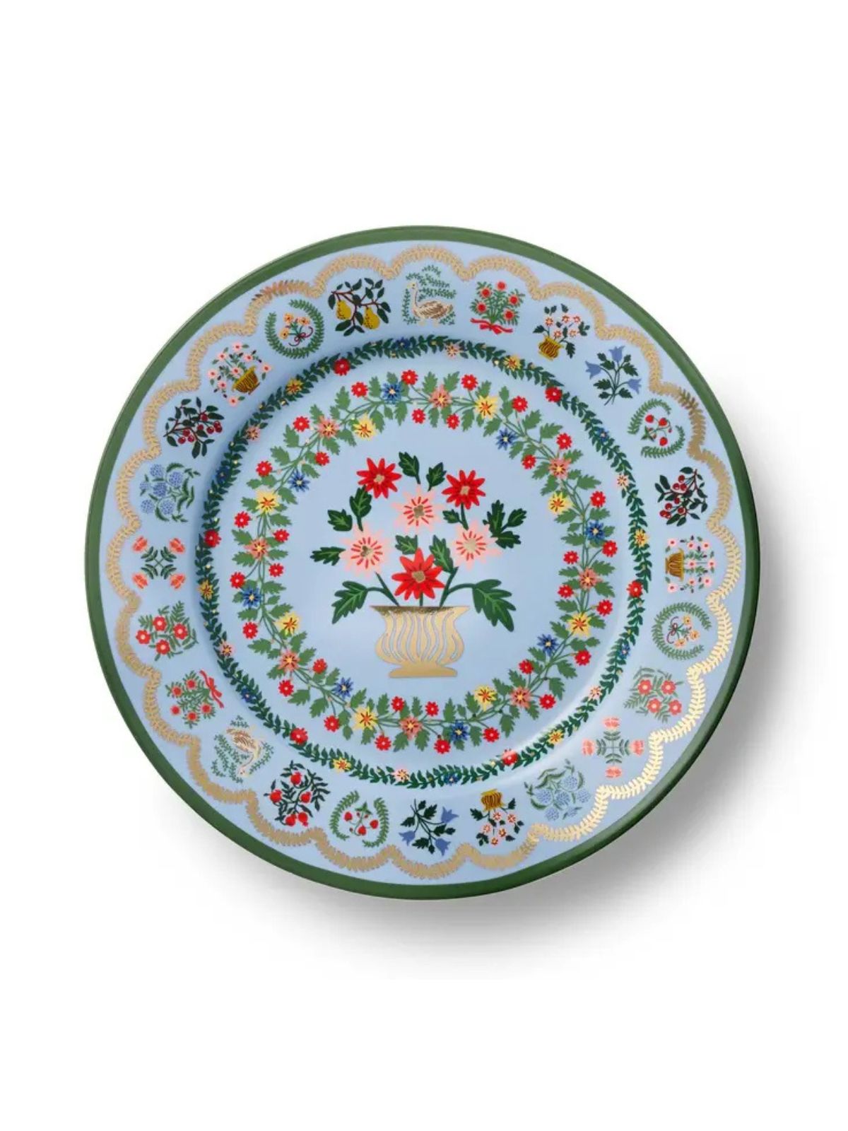 Decorative plate with floral and botanical design on a white background