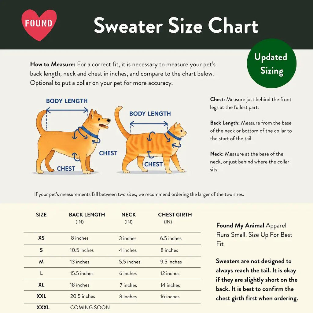 Dog sweater size chart with measurements and instructions on how to measure a pet for a sweater.