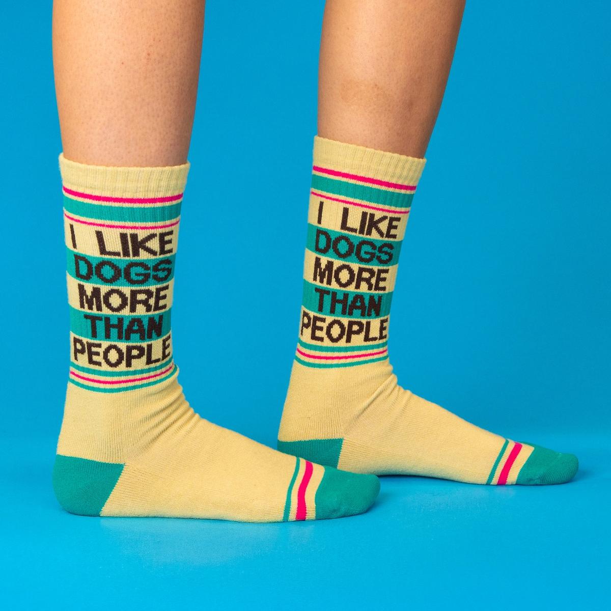 Beige socks with text on a blue background