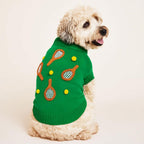 Dog wearing a green sweater with tennis racket and ball designs on a beige background