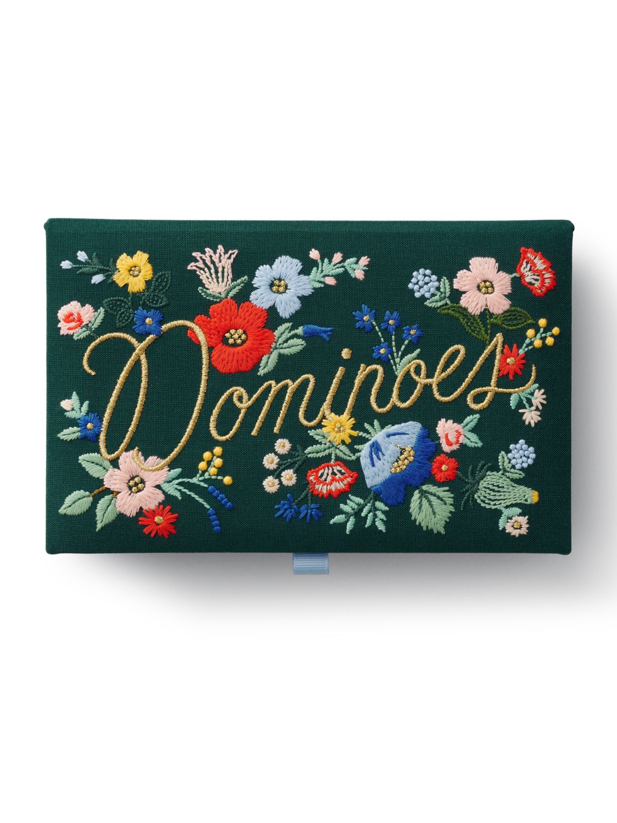 Dark green clutch with floral embroidery and 'Dominoes' text on a white background