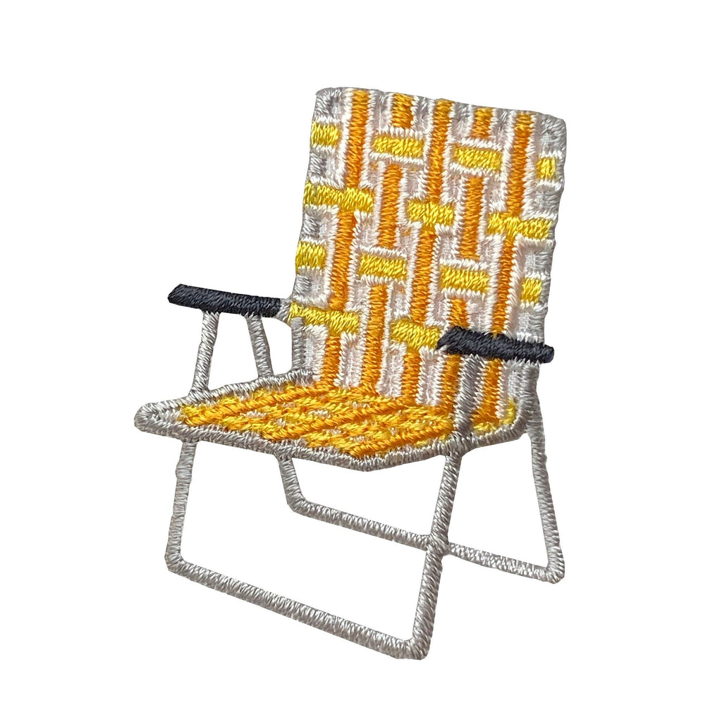 Embroidered patch of a folding chair with yellow and gray pattern on a white background