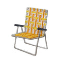 Embroidered patch of a folding chair with yellow and gray pattern on a white background