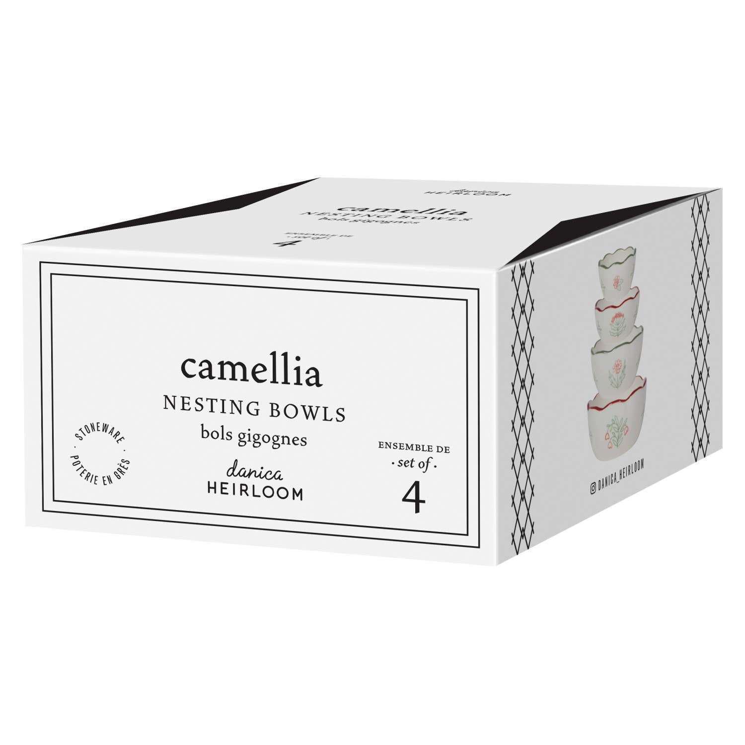Box of camellia nesting bowls with product illustration on a white background