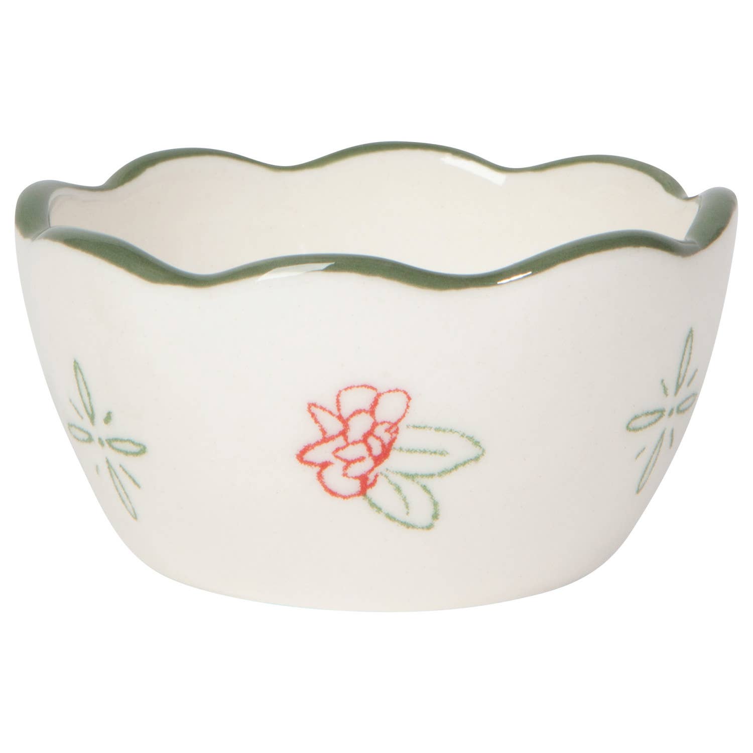 Small white ceramic bowl with floral design on a white background