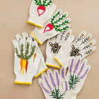 Gardening gloves with plant and insect designs on a beige background