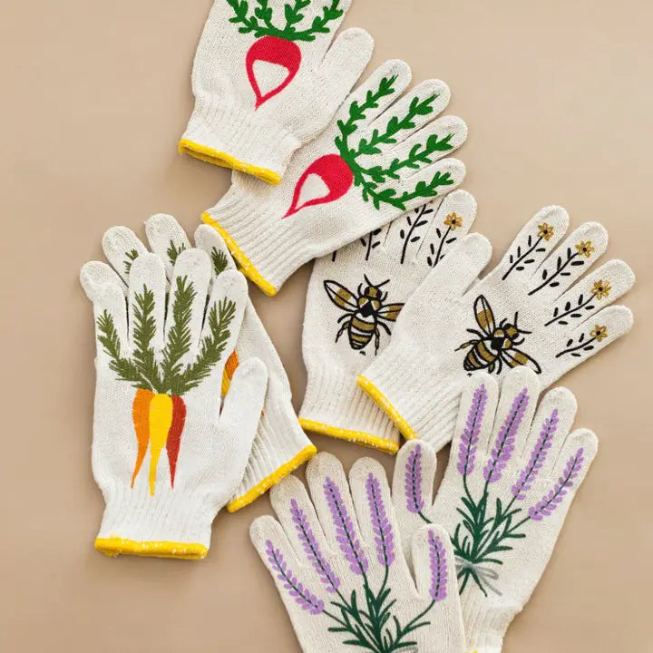 Gardening gloves with plant and insect designs on a beige background