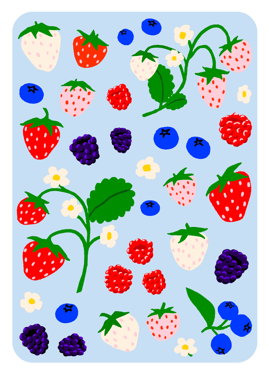 Colorful illustration of fabric stickers of strawberries, blueberries, and raspberries on on a light blue background