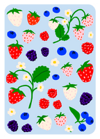 Colorful illustration of fabric stickers of strawberries, blueberries, and raspberries on on a light blue background