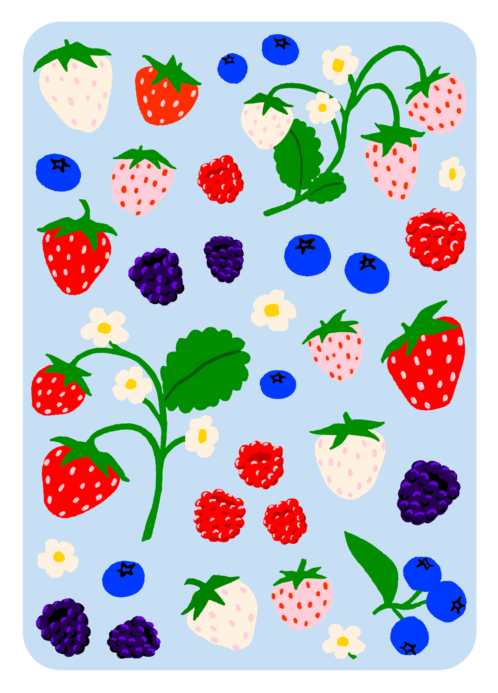 Colorful illustration of fabric stickers of strawberries, blueberries, and raspberries on on a light blue background
