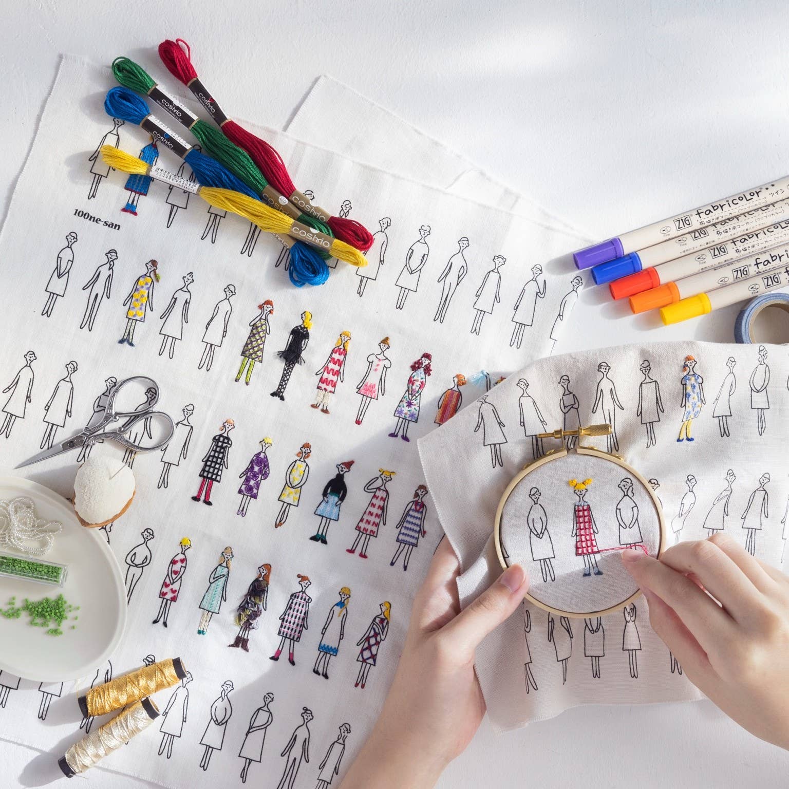 Person working on an embroidery project with patterned fabric of people in dresses with colorful embroidery supplies.