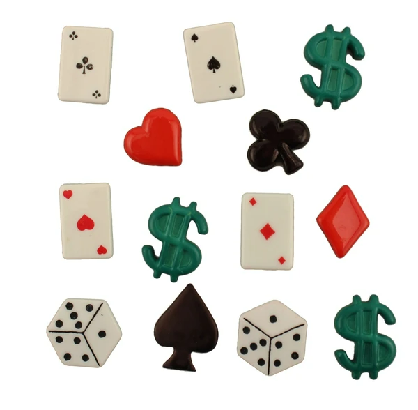 Collection of poker-themed buttons including cards, dice, spades, hearts, diamonds, clubs, and dollar signs on a white background.
