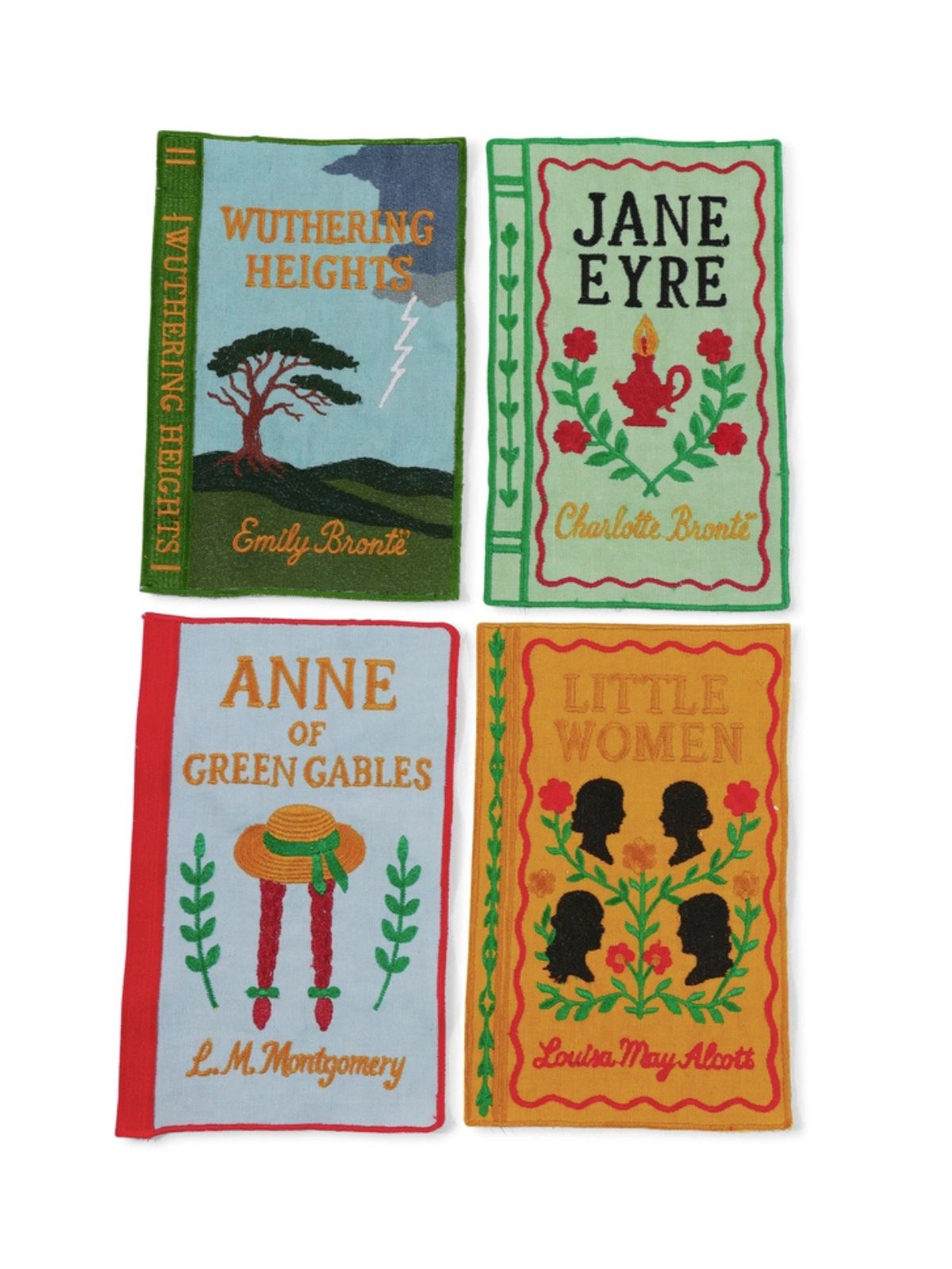 Four book cover designs for 'Wuthering Heights', 'Jane Eyre', 'Anne of Green Gables', and 'Little Women' on a white background.