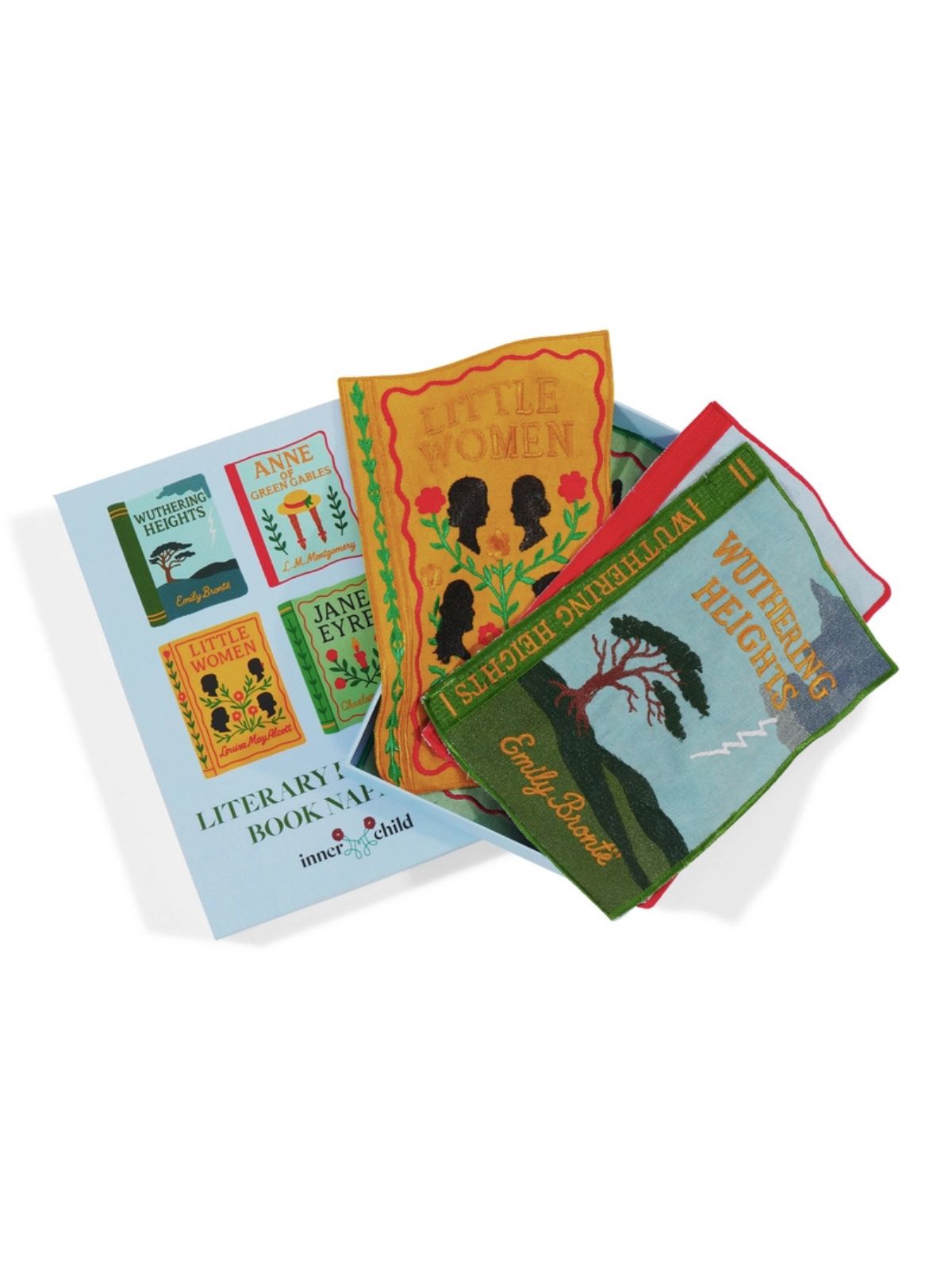 Set of books with colorful covers featuring literary themes on a white background