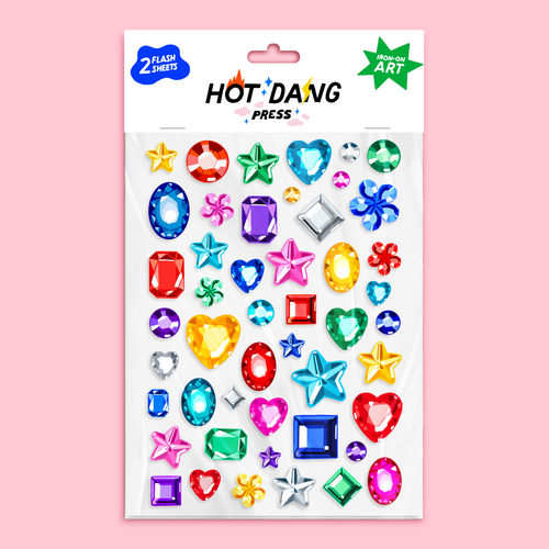 Sheet of colorful jewel stickers on a pink background