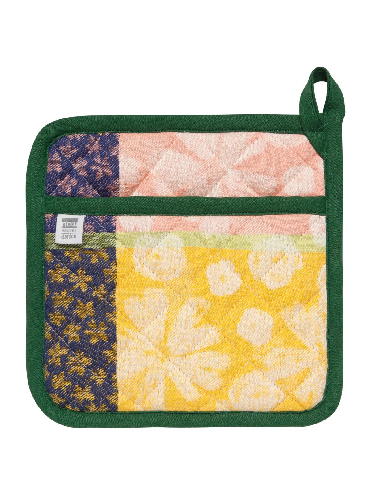Quilted pot holder with floral and patchwork patterns on a white background