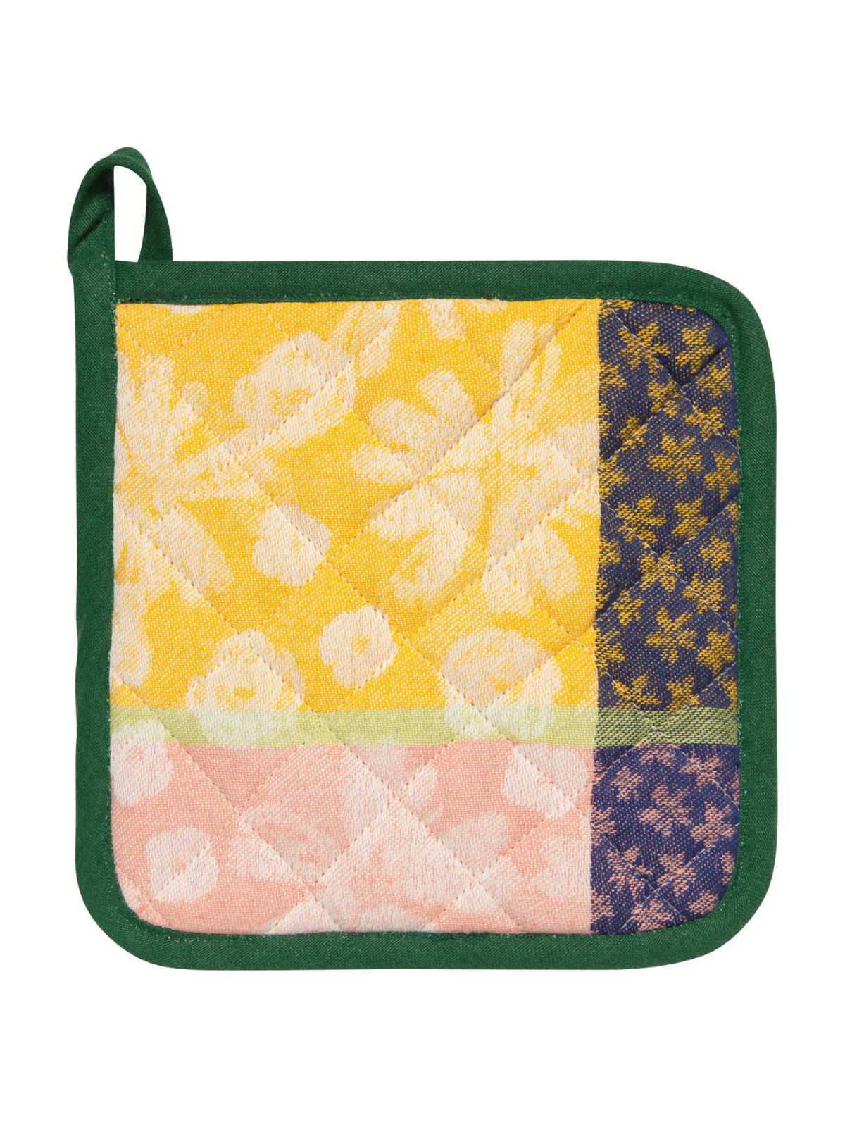 Multicolored quilted pot holder with floral patterns on a white background