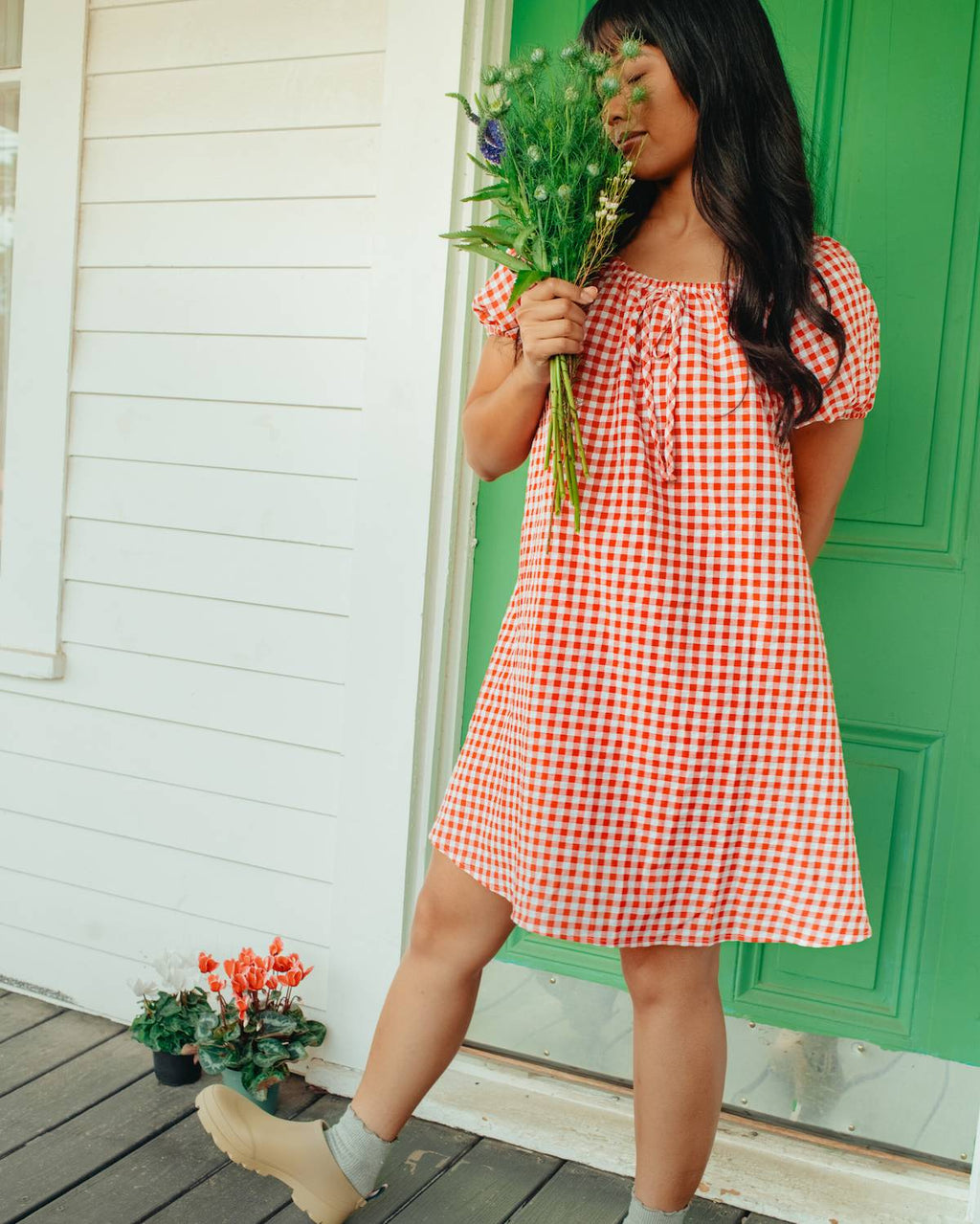 red and green gingham dress Gingham Midi Dress