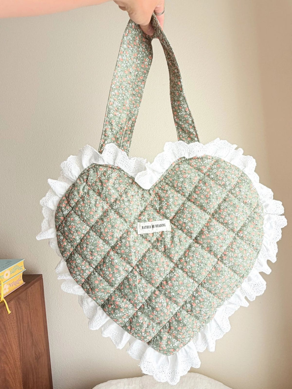 Rather Be Reading Green Quilted Heart Tote Bag