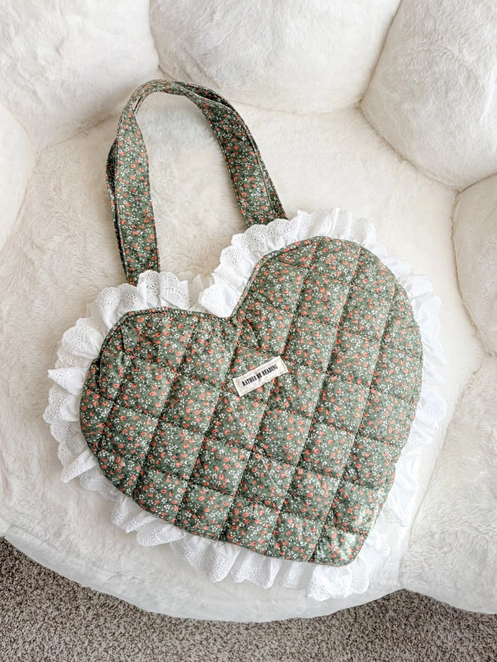 Rather Be Reading Green Quilted Heart Tote Bag