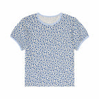 Blue and white blueberry patterned t-shirt on a white background