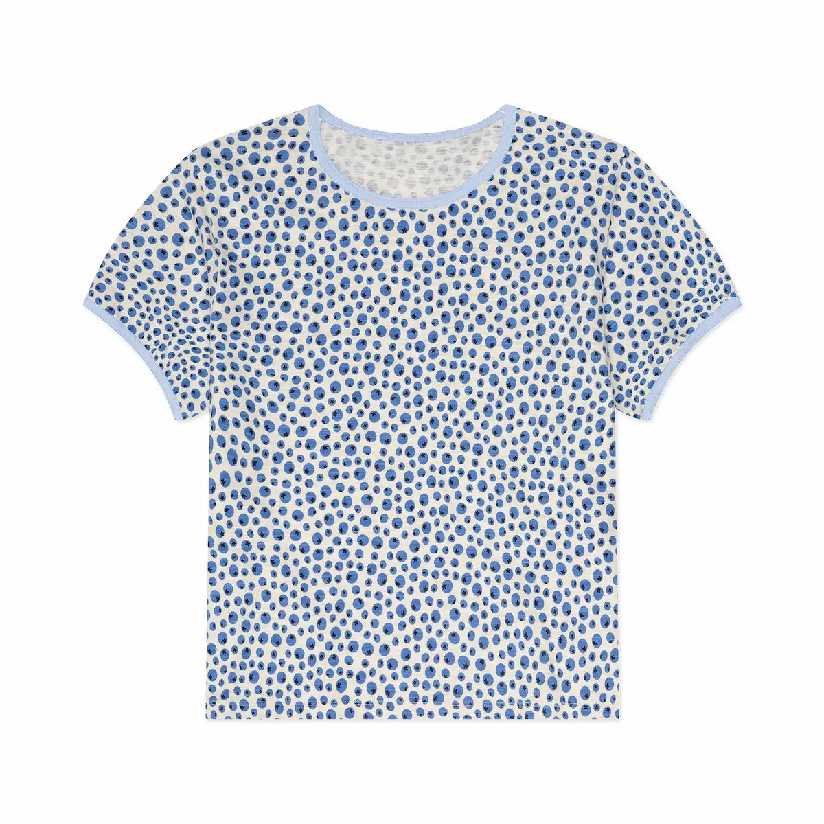Blue and white blueberry patterned t-shirt on a white background