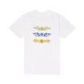 White t-shirt with floral Pyrex designs in blue and yellow on a white background