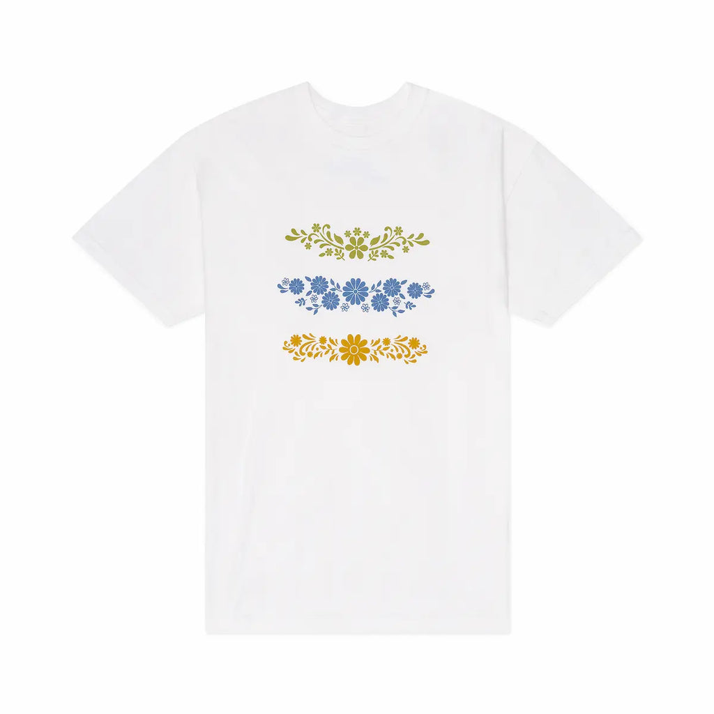 White t-shirt with floral patterns on a white background