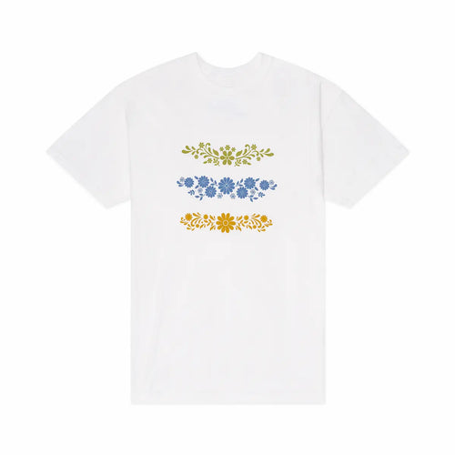 White t-shirt with floral patterns on a white background