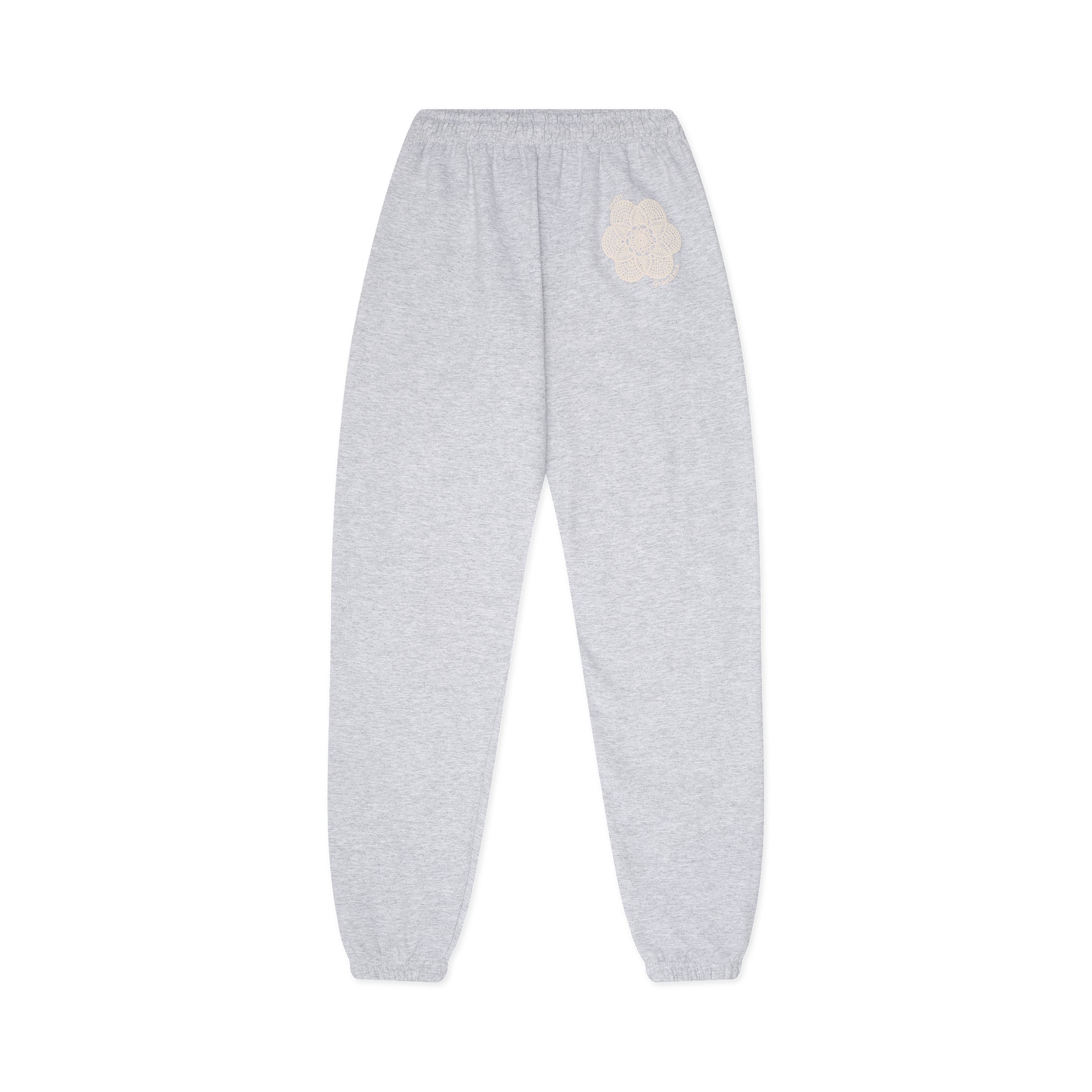 Gray sweatpants with a beige pocket on a white background
