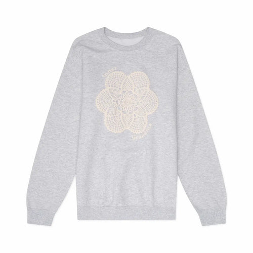 Gray sweatshirt with a white floral design on a white background