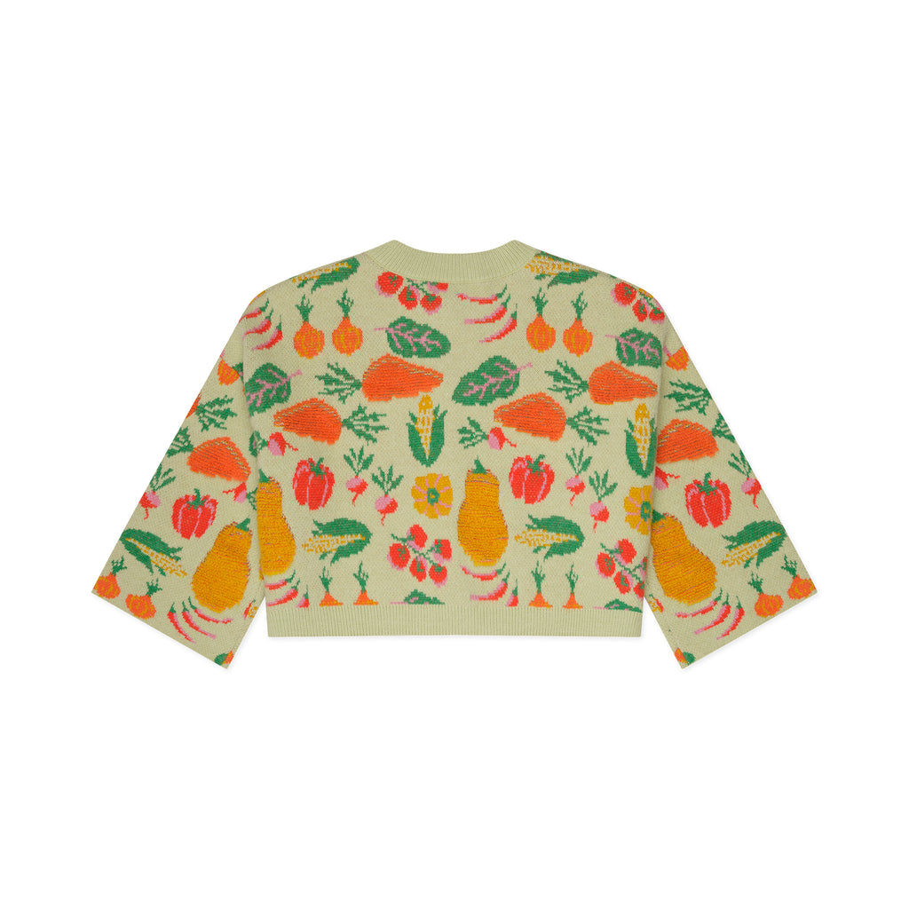Sweatshirt with colorful vegetable pattern on a beige background