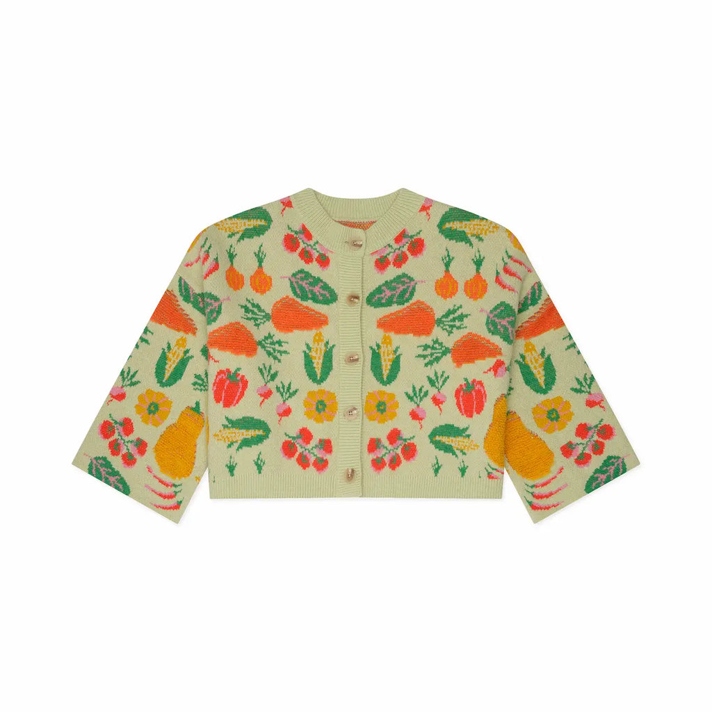 Cardigan with vegetable pattern on a white background