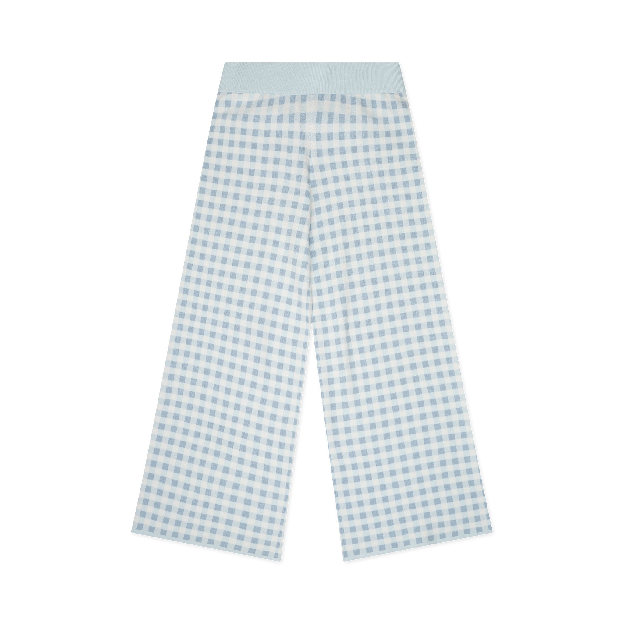 Light blue gingham pants on a white background