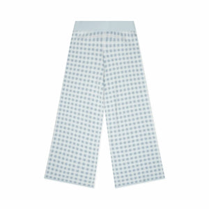 Light blue gingham pants on a white background