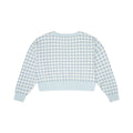 Light blue and white gingham sweater on a white background