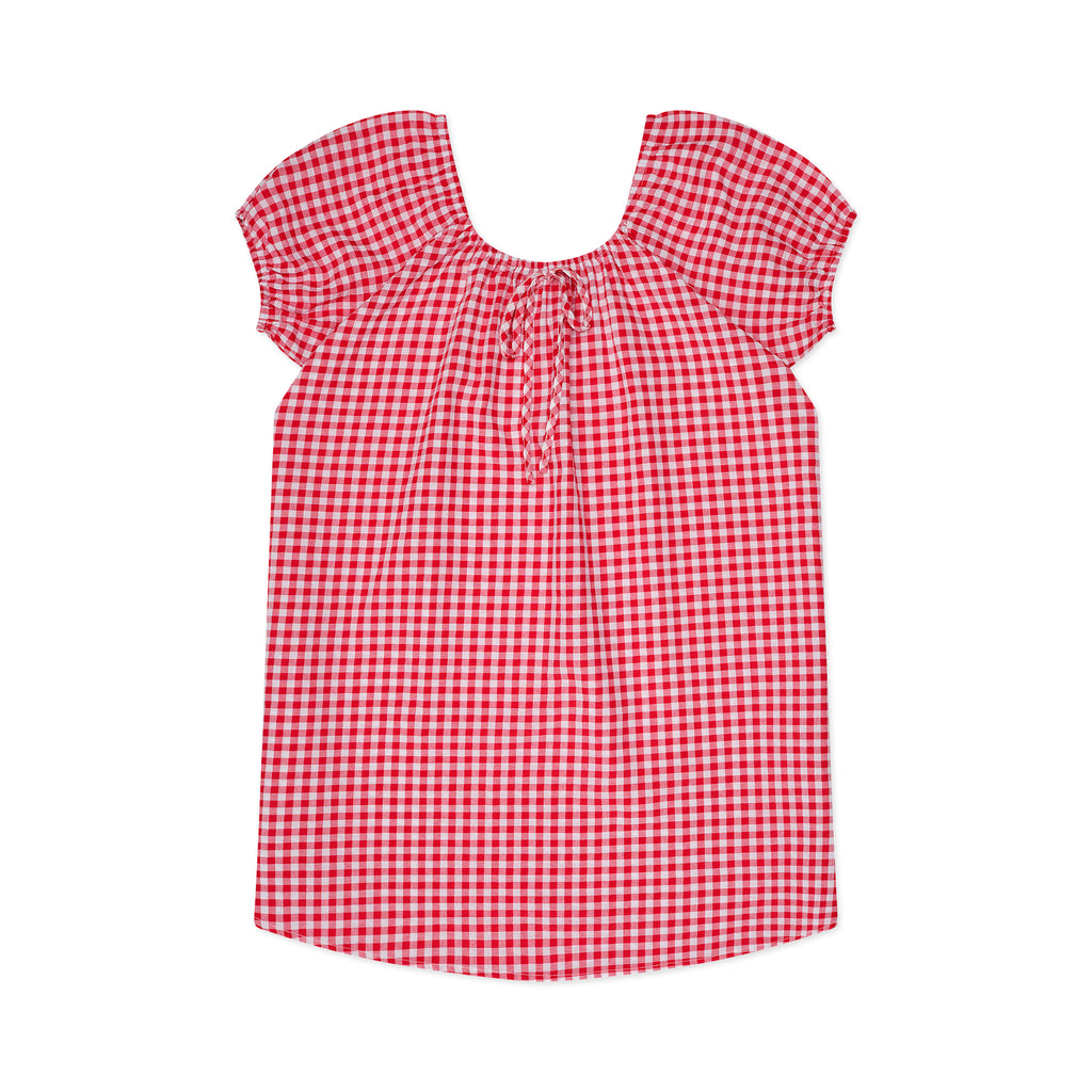 Red and white gingham lounge dress on a white background