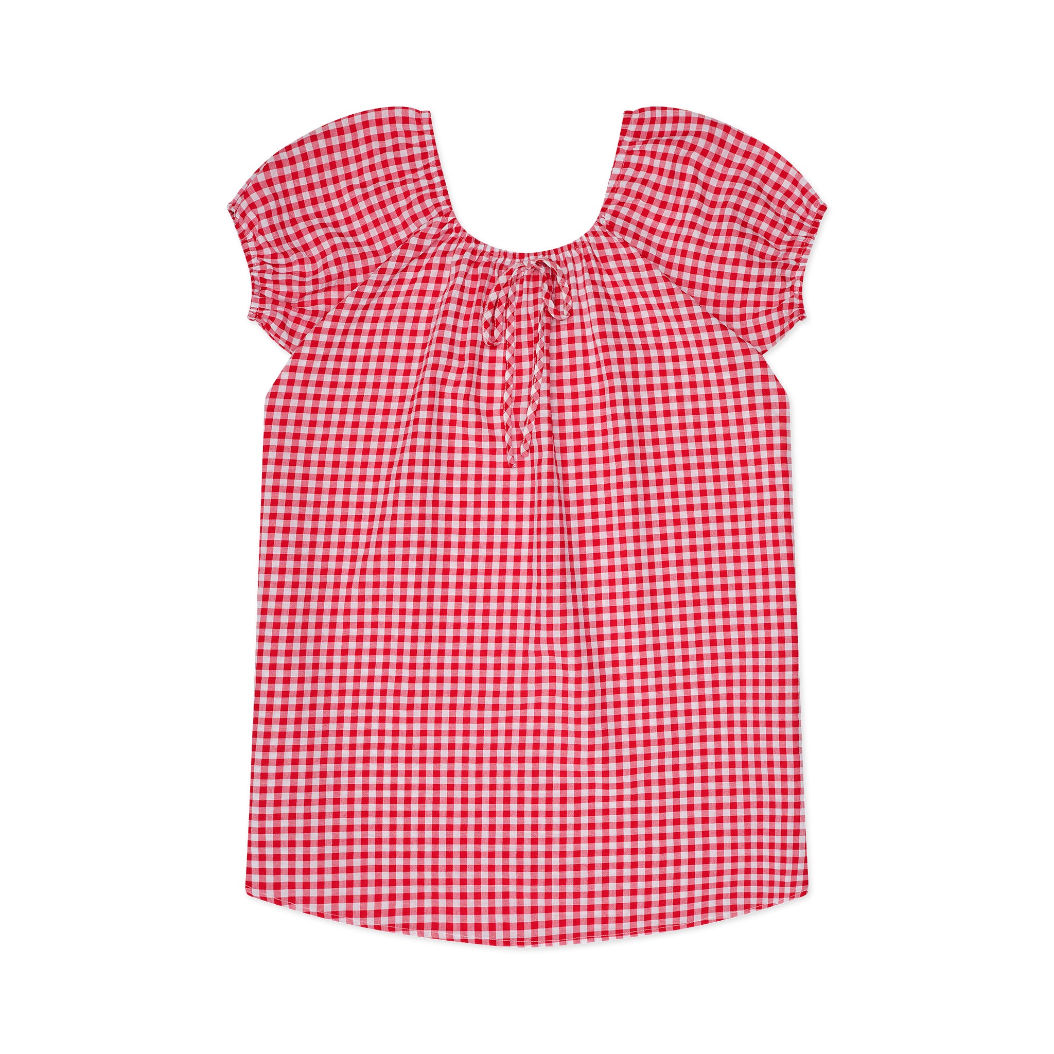 Red and white gingham lounge dress on a white background