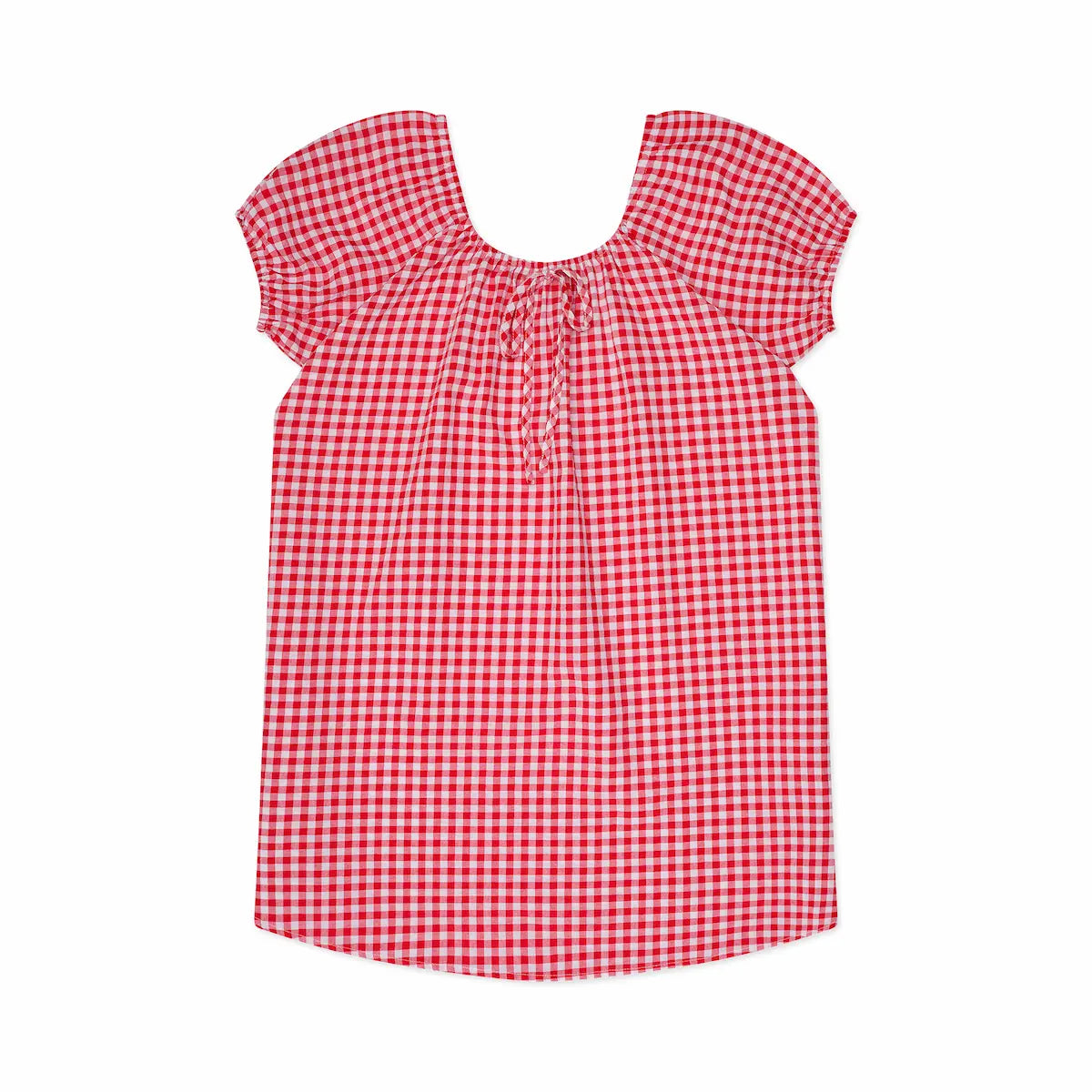Red and white gingham lounge dress on a white background