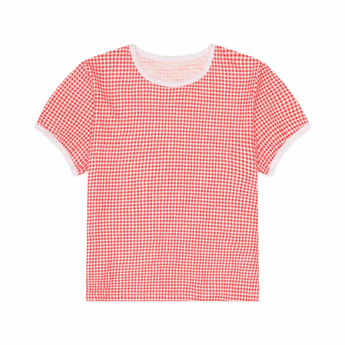 Red and white gingham t-shirt on a white background