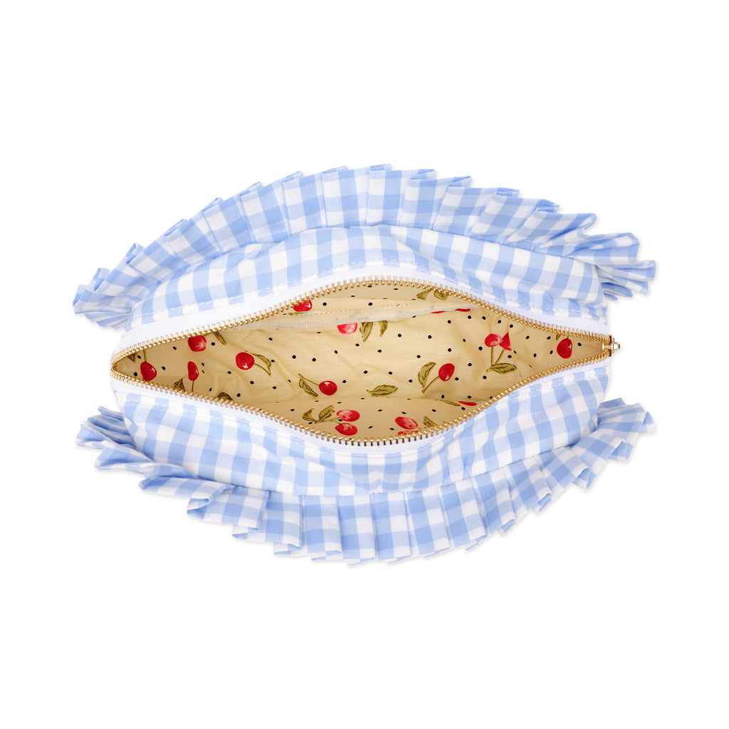 Blue and white gingham pouch with a zipper on a white background