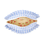 Blue and white gingham pouch with a zipper on a white background