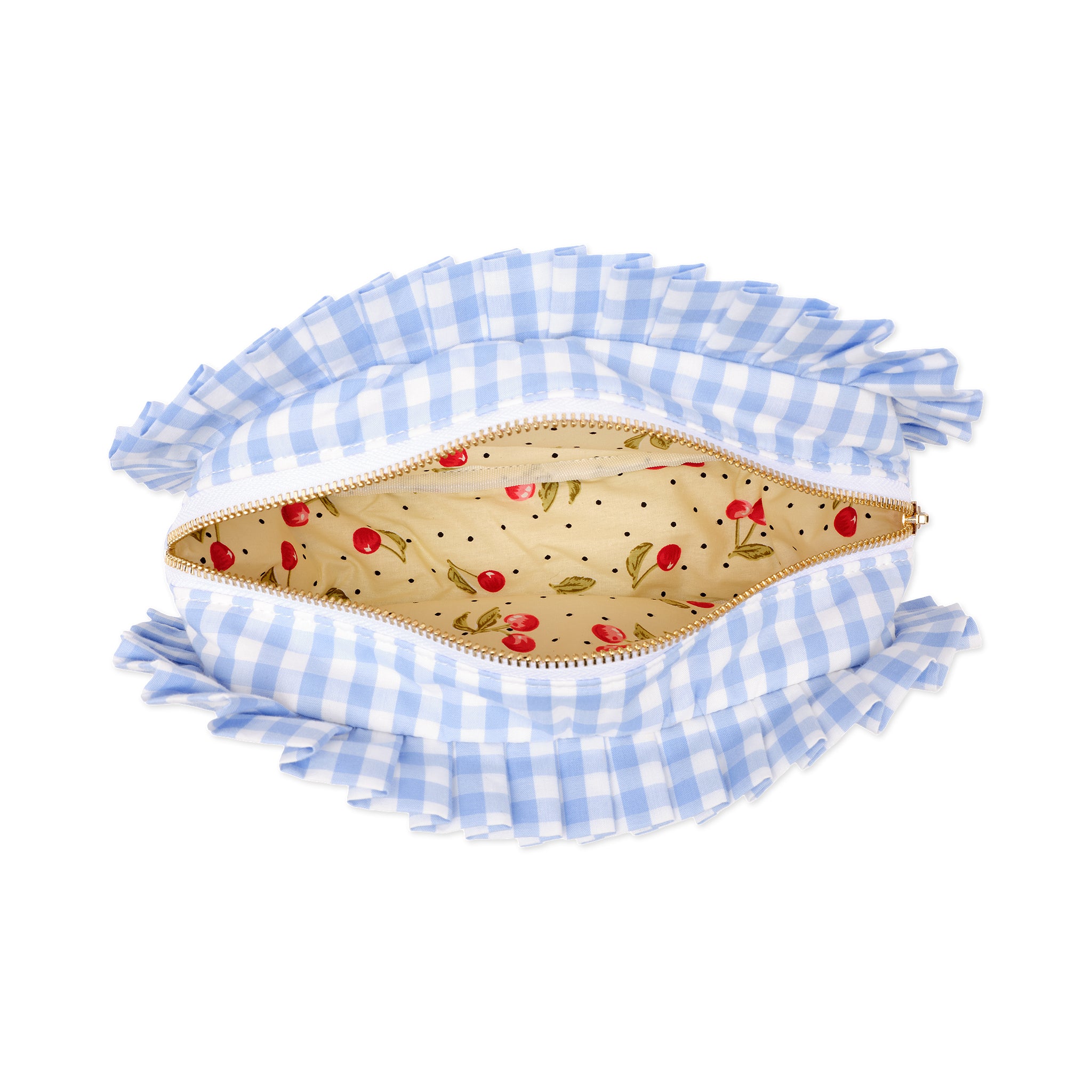 Blue and white gingham pouch with a zipper on a white background