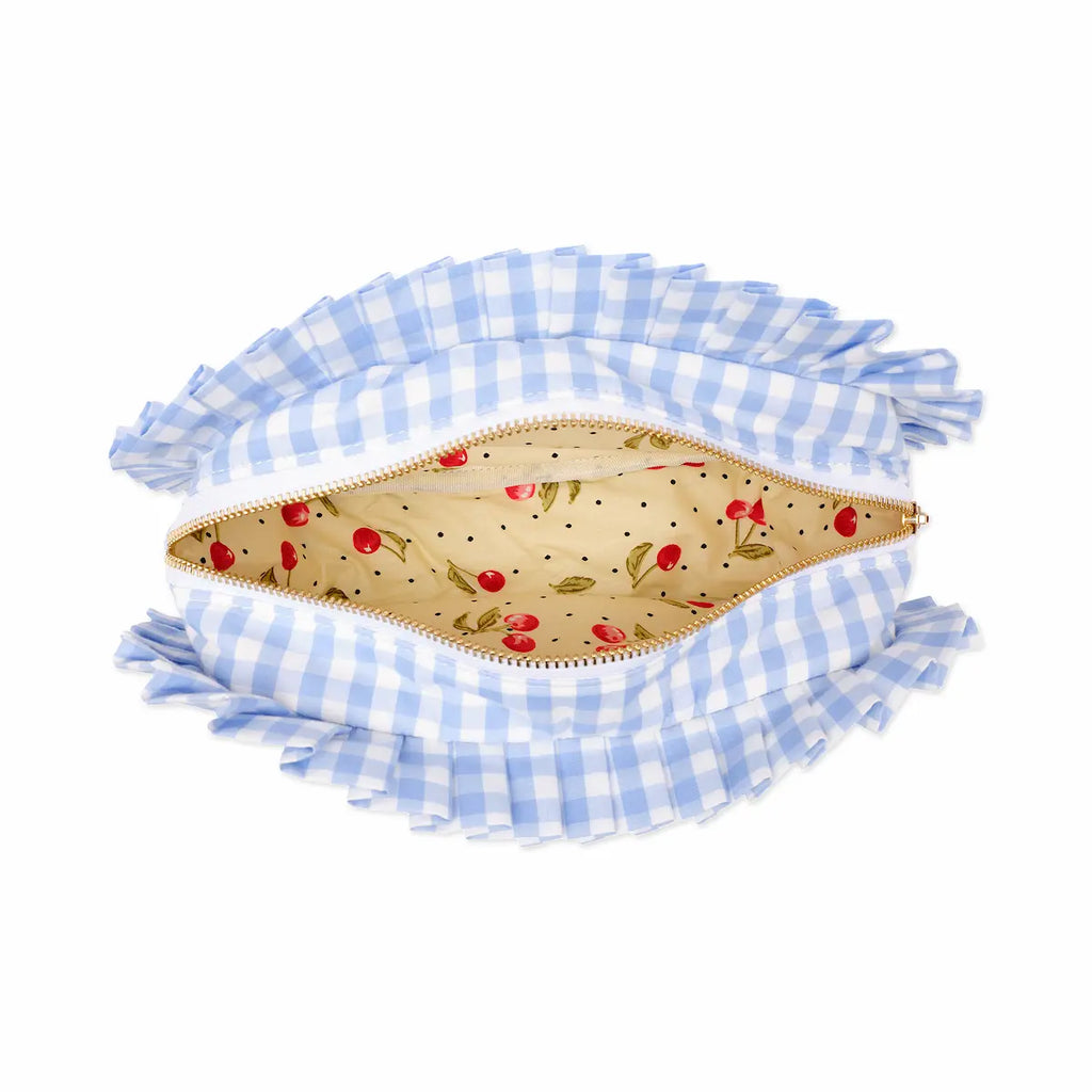 Blue and white gingham pouch with a floral interior on a white background