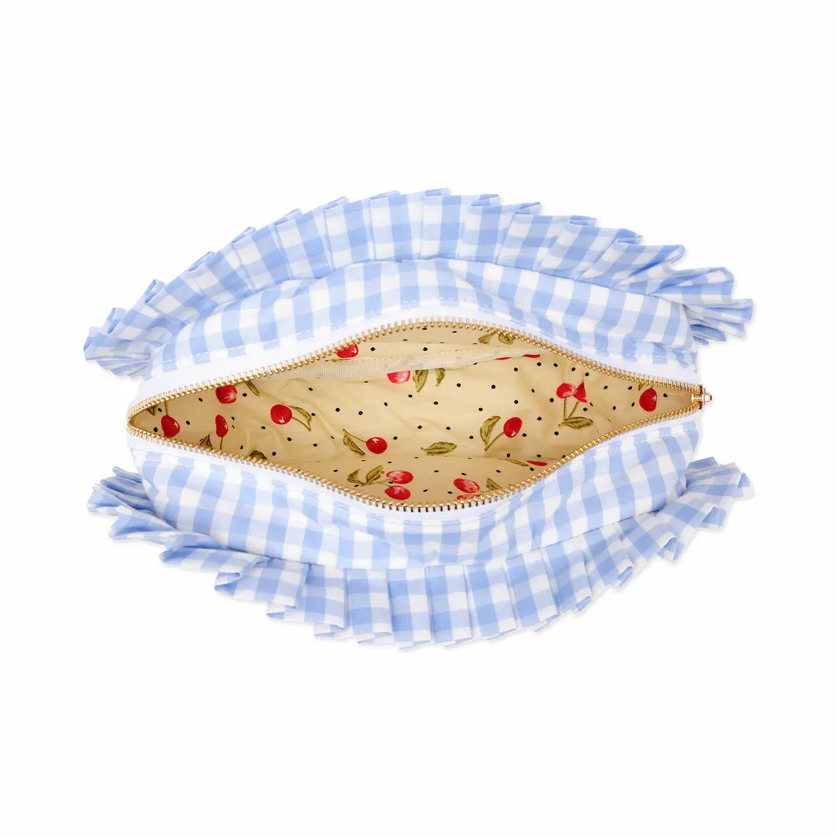 Blue and white gingham pouch with a floral interior on a white background